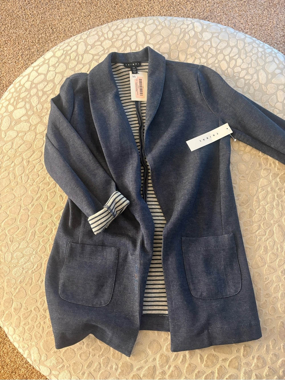 Tribal Navy Open-Front Knit Blazer